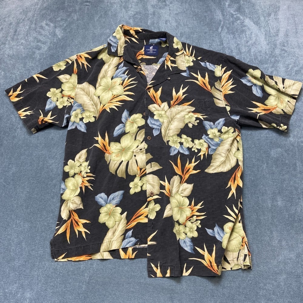 Caribbean Joe Island Supply Co. Hawaiian Shirt Mens XL Black Floral Silk Beach